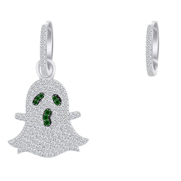 Wishrocks Round Cut Simulated Emerald & White CZ Halo Pendant Necklace in Sterling Silver 